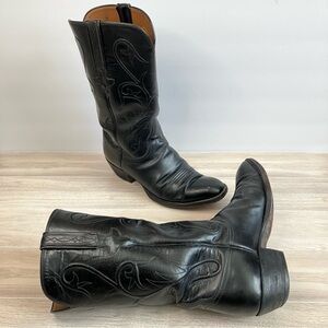 LUCCHESE Vintage Roper Cowboy Boots Black Embossed Leather Western USA Men's 7 D